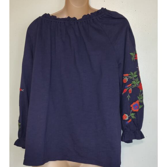 Solitaire Navy Blue Top L Heavily Embroidered Birds Floral Tassels Boho Peasant - Picture 8 of 16